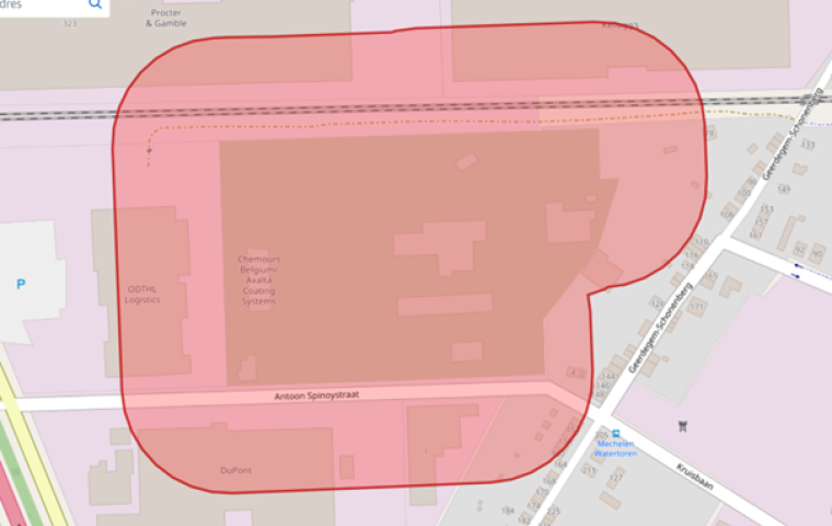 Gebied in en rond de Chemours site waarop de maatregelen van toepassing zijn.