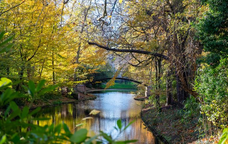 Zicht op het water en een bruggetje in de kruidtuin in Mechelen