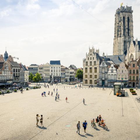 Zicht op de grote markt van Mechelen met de Sint-Romboutstoren op de achtergrond.
